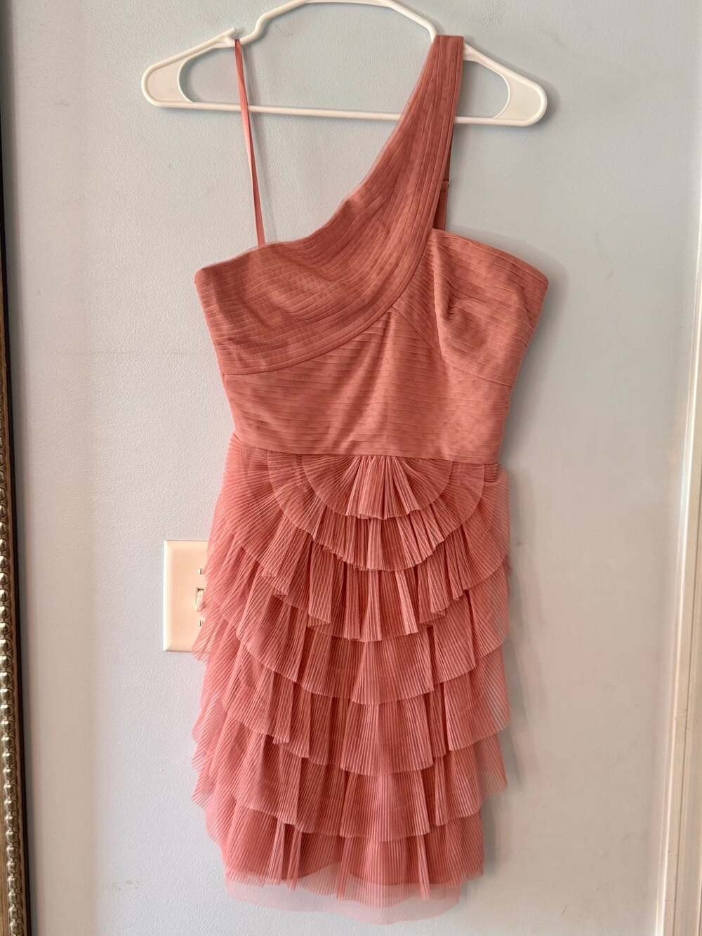 Dusty Pink One Shoulder Ruffle Dress Tulle Tiered Party Mini Fairycore Romantic